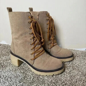Mi.iM Jamie Latte Faux Suede Lace Up Heeled Combat Boots Casual Boho Dress Up